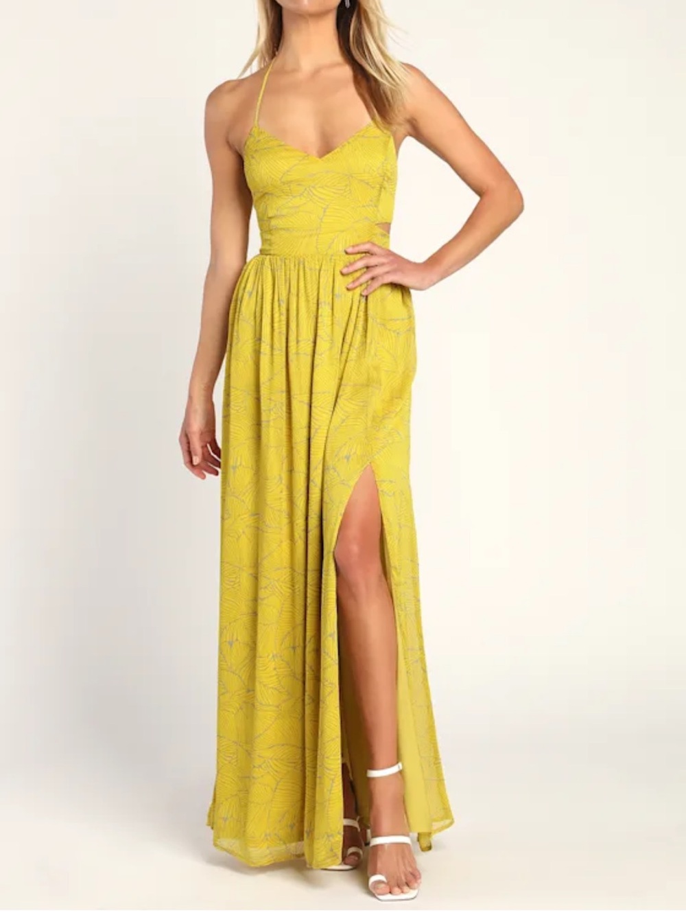 Yellow Tropical Print Halter Cutout Maxi Dress